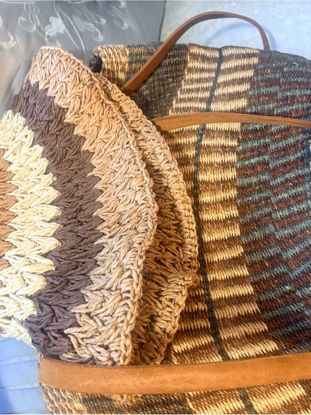 Woven Straw Tote Bag with Leather Straps - Natural Brown. Hat come with purchase - Picture 5 of 6